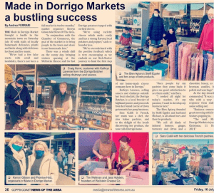 Newspaper story headline says, "Made in Dorrigo Markets a bustling success"