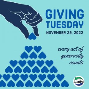 Giving Tuesday, November 29,2022, every act of generosity counts. AMIBA logo, a hand stacking hearts into a pyramid